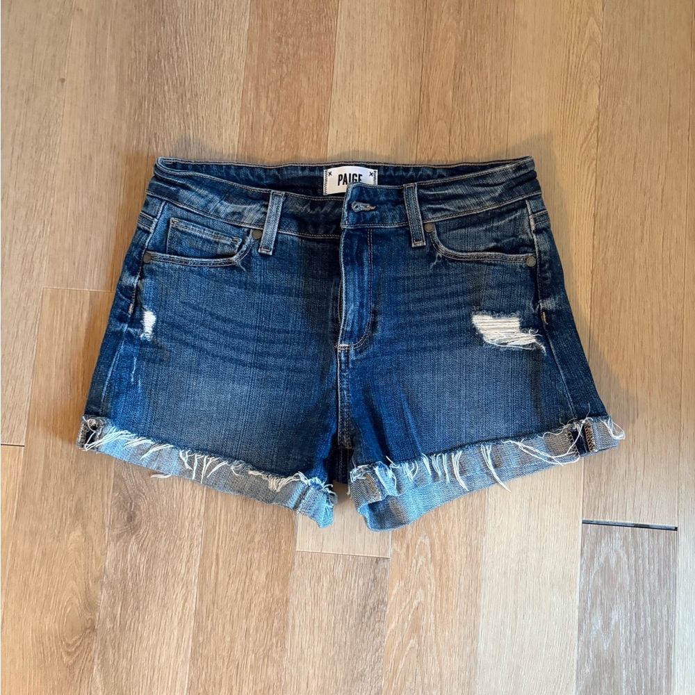 PAIGE Distressed Blue Jean Shorts